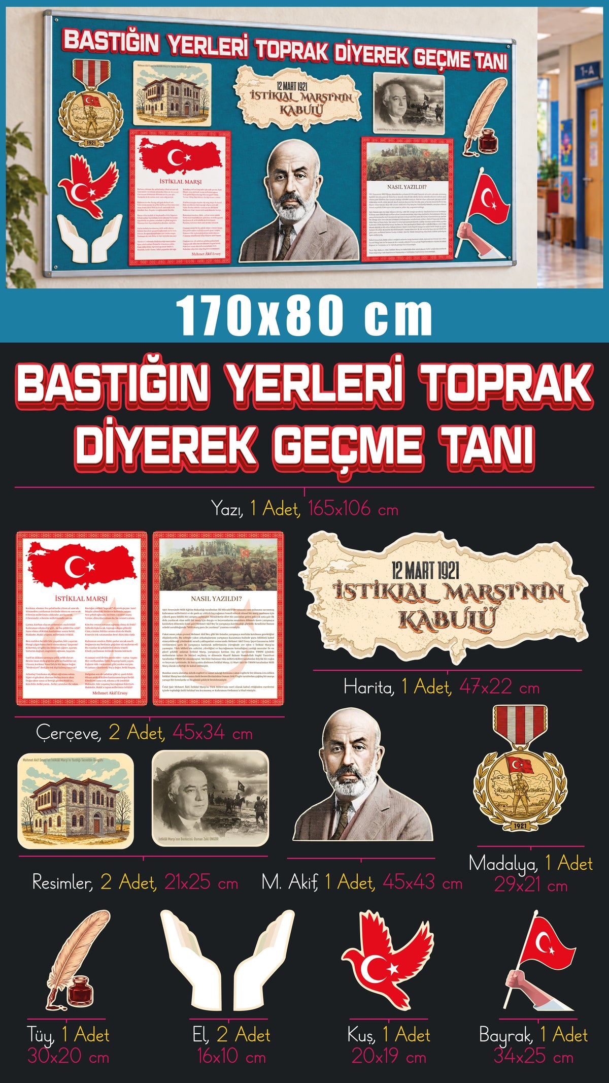 12 Mart İstiklal Marşı'nın Kabulü ve Mehmet Akif Ersoy'u Anma Günü Sınıf Panosu Seti (170x80 cm-8