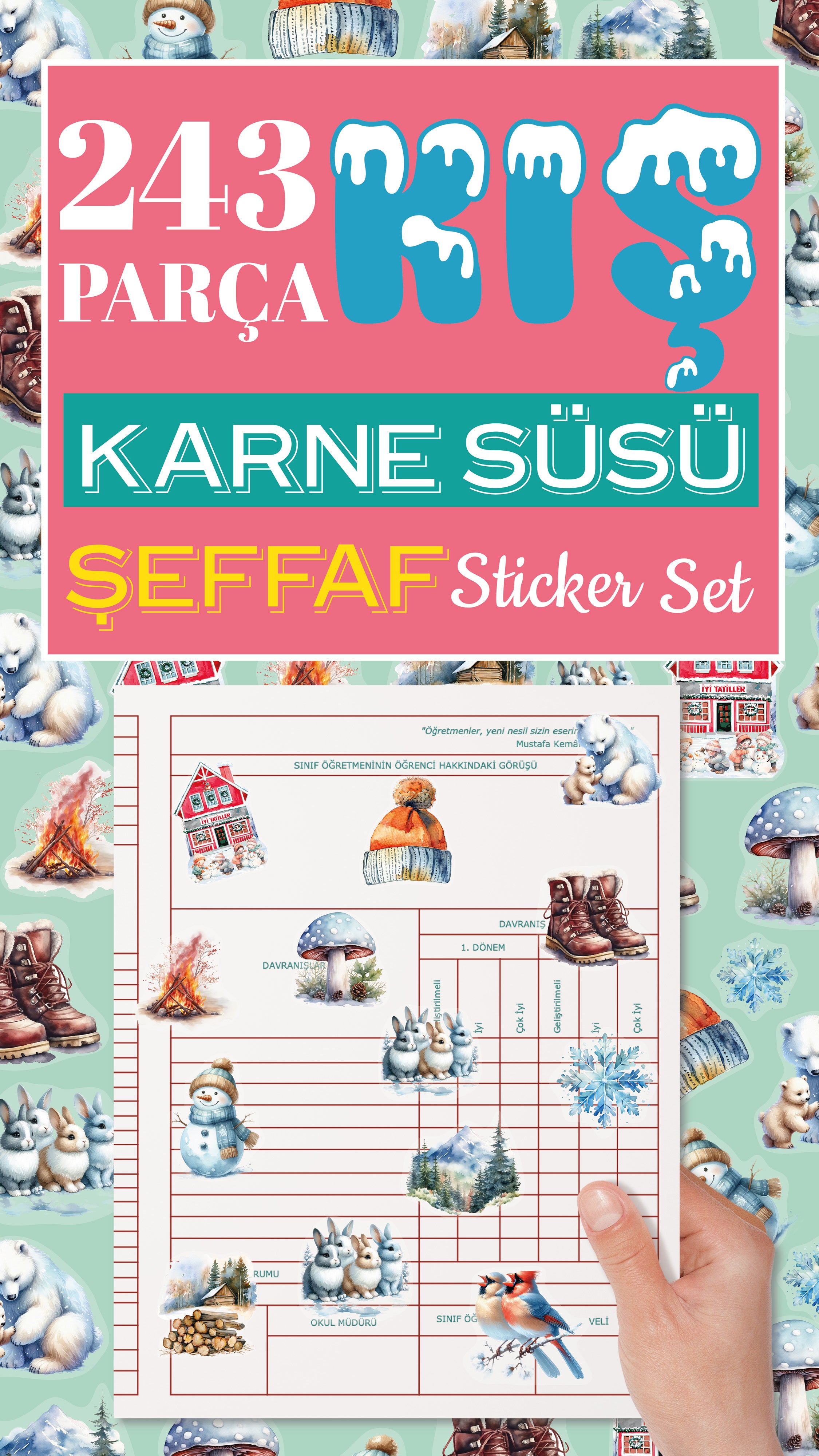 Kış Evi Karne Süsü Şeffaf Sticker Set - pinoobi