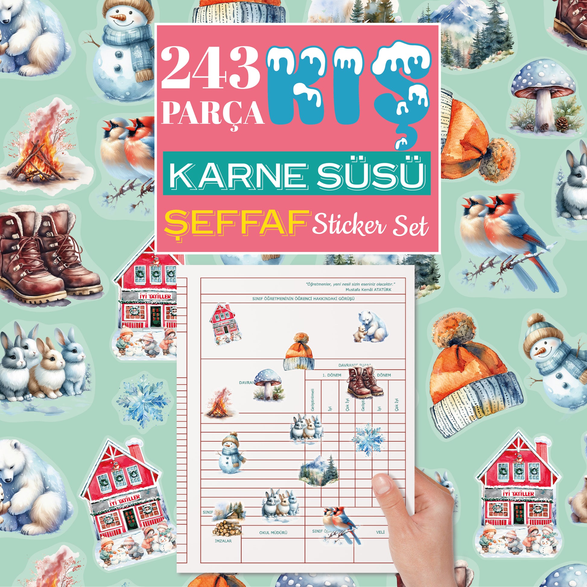 Kış Evi Karne Süsü Şeffaf Sticker Set - pinoobi