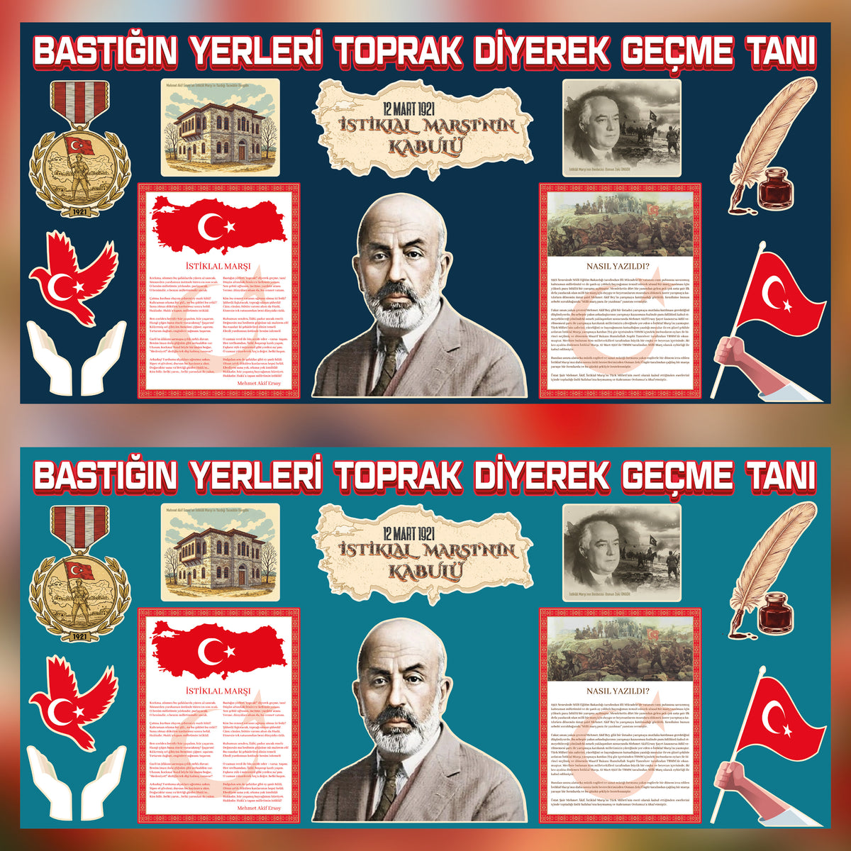 12 Mart İstiklal Marşı'nın Kabulü ve Mehmet Akif Ersoy'u Anma Günü Sınıf Panosu Seti (170x80 cm-zoom-6