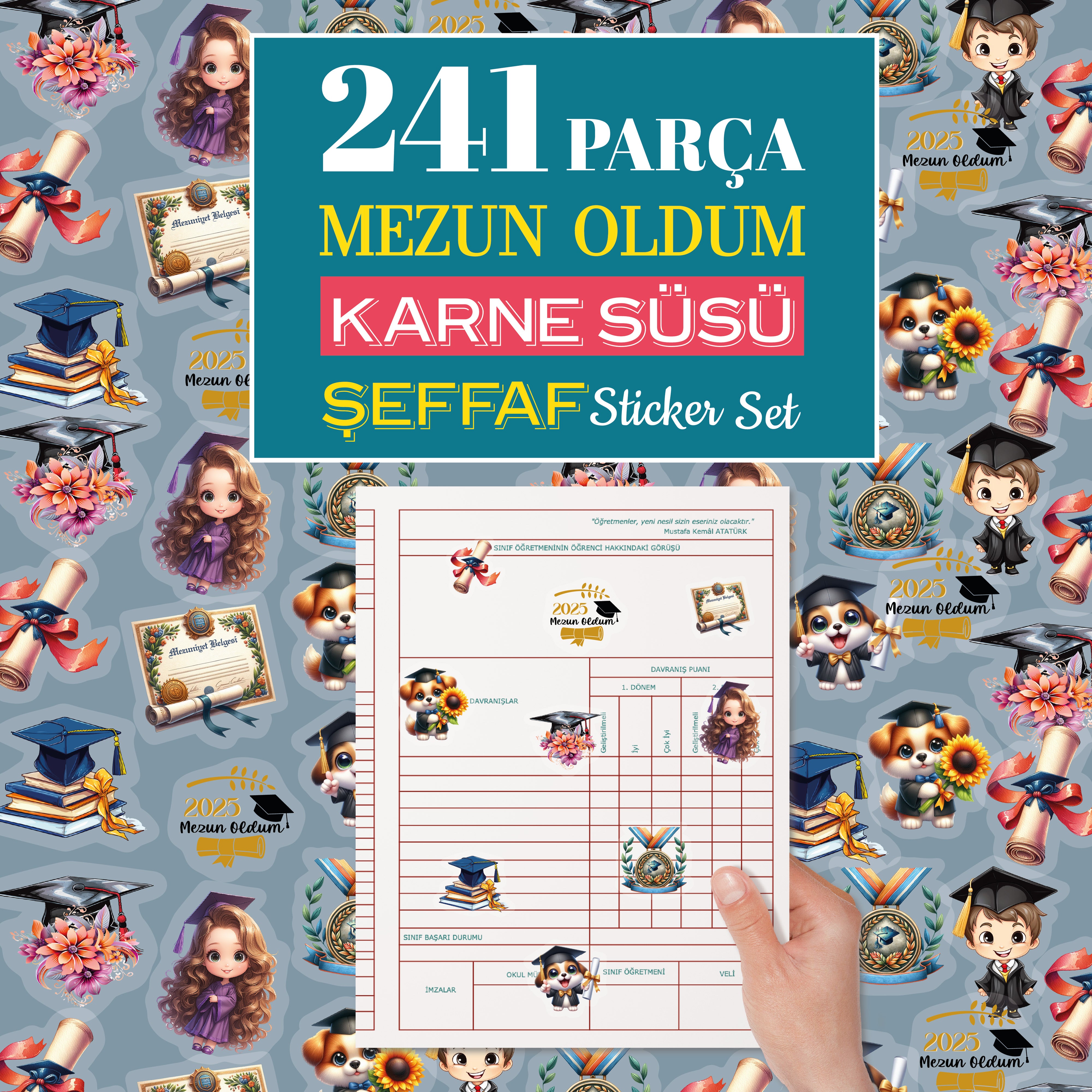 Mezuniyet Karne / Gelişim Raporu Şeffaf Sticker Set - pinoobi