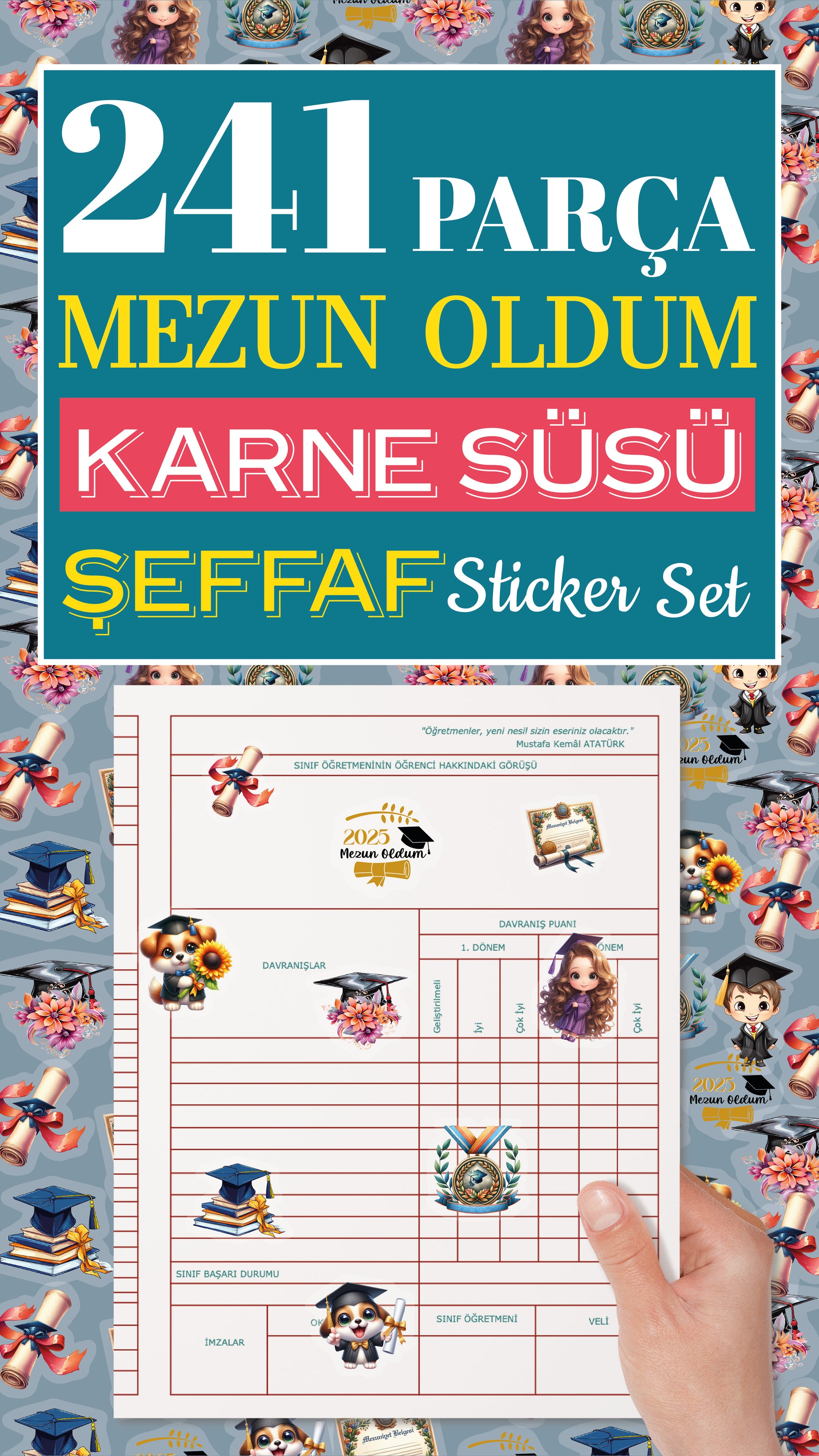 Mezuniyet Karne / Gelişim Raporu Şeffaf Sticker Set - pinoobi