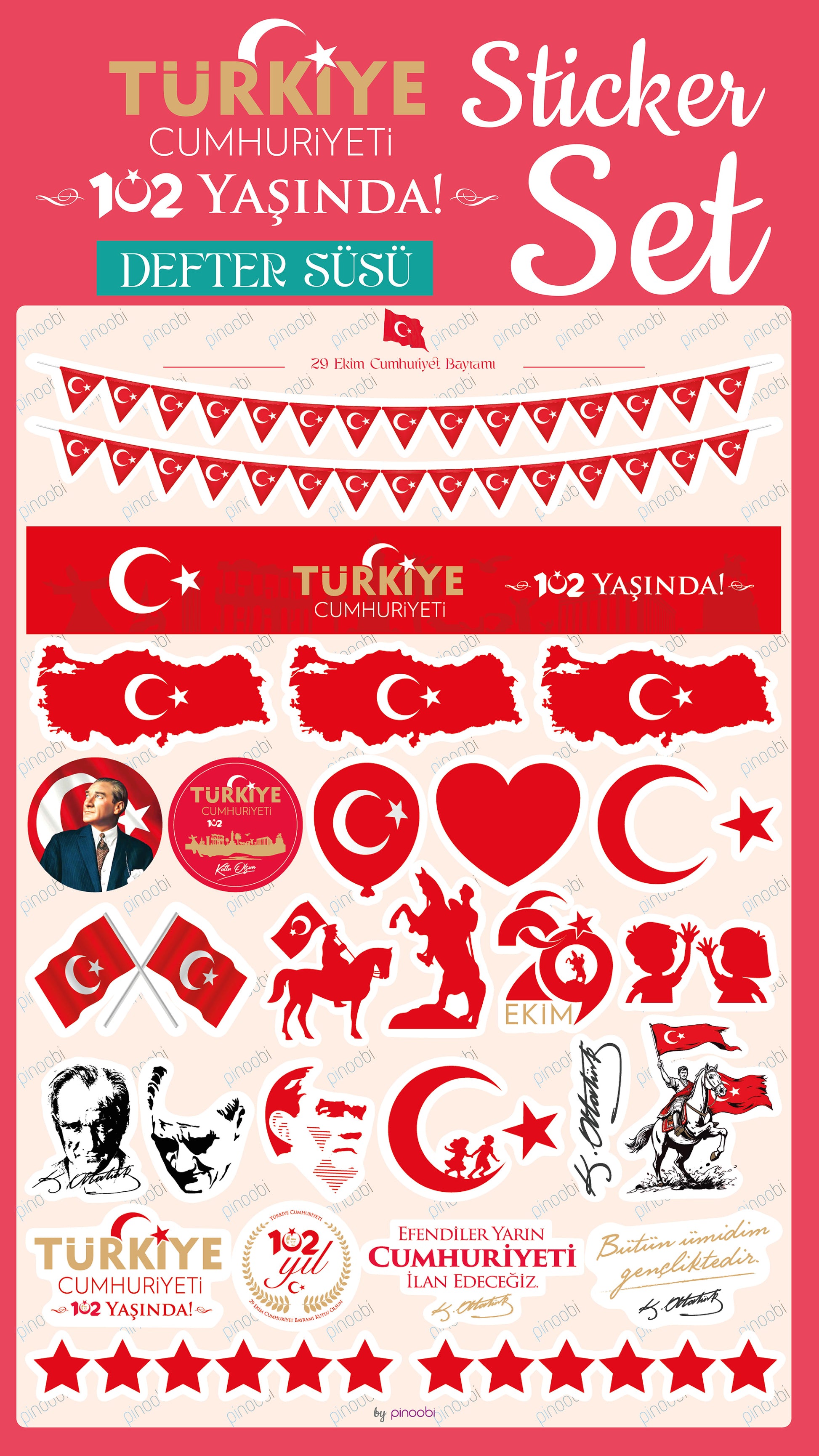 29 Ekim Defter Süsü Şeffaf Sticker Set - pinoobi